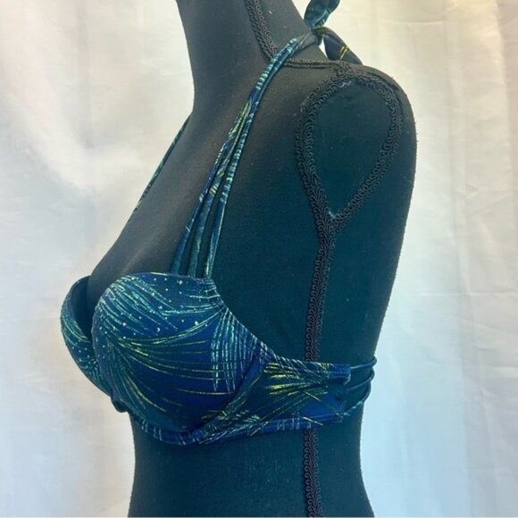 Victorias Secret navy blue green tropical leaf print rhinestone bikini top - Picture 3 of 10
